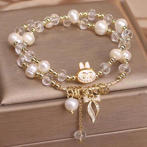Labubu Inspired Double-Strand Pearl & Crystal Bracelet Gold & White - Picture 4 of 8